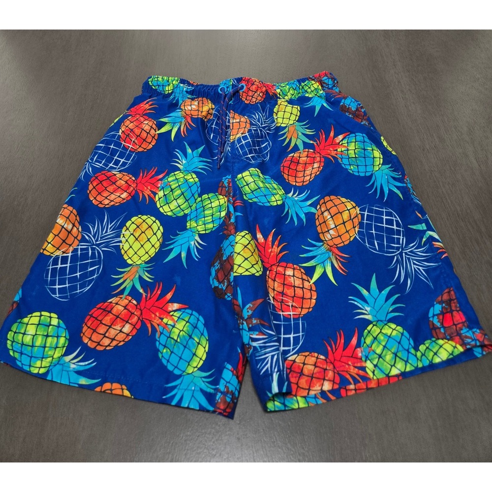 Wonder Nation Boys Pineapple Swim Trunks Blue Neon Multi Color Size L 10-12